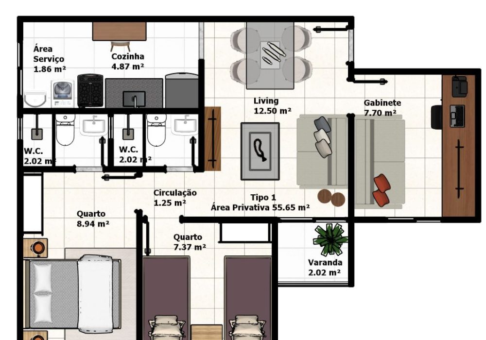 Planta 2 Quartos com Suíte e Varanda do Residencial Parque Capivara I