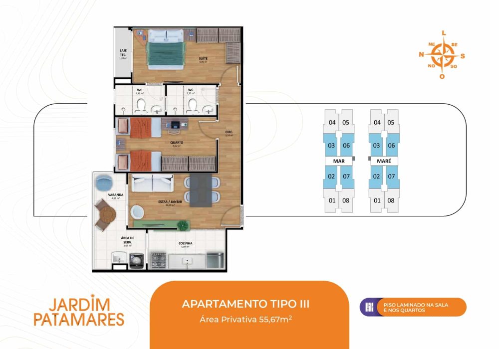 Planta baixa do apartamento Tipo III no Jardim Patamares, com área privativa de 55,67m².