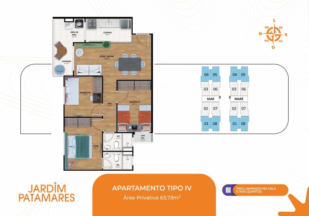 Planta baixa do apartamento Tipo IV no Jardim Patamares, com área privativa de 63,73m².