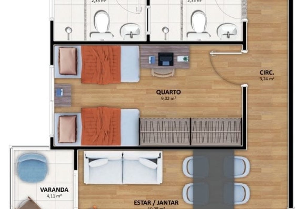 Planta do apartamento Tipo III no Jardim Patamares, com área privativa de 55,67m².