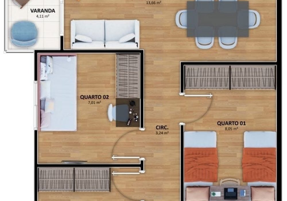 Planta do apartamento Tipo IV no Jardim Patamares, com área privativa de 63,73m².